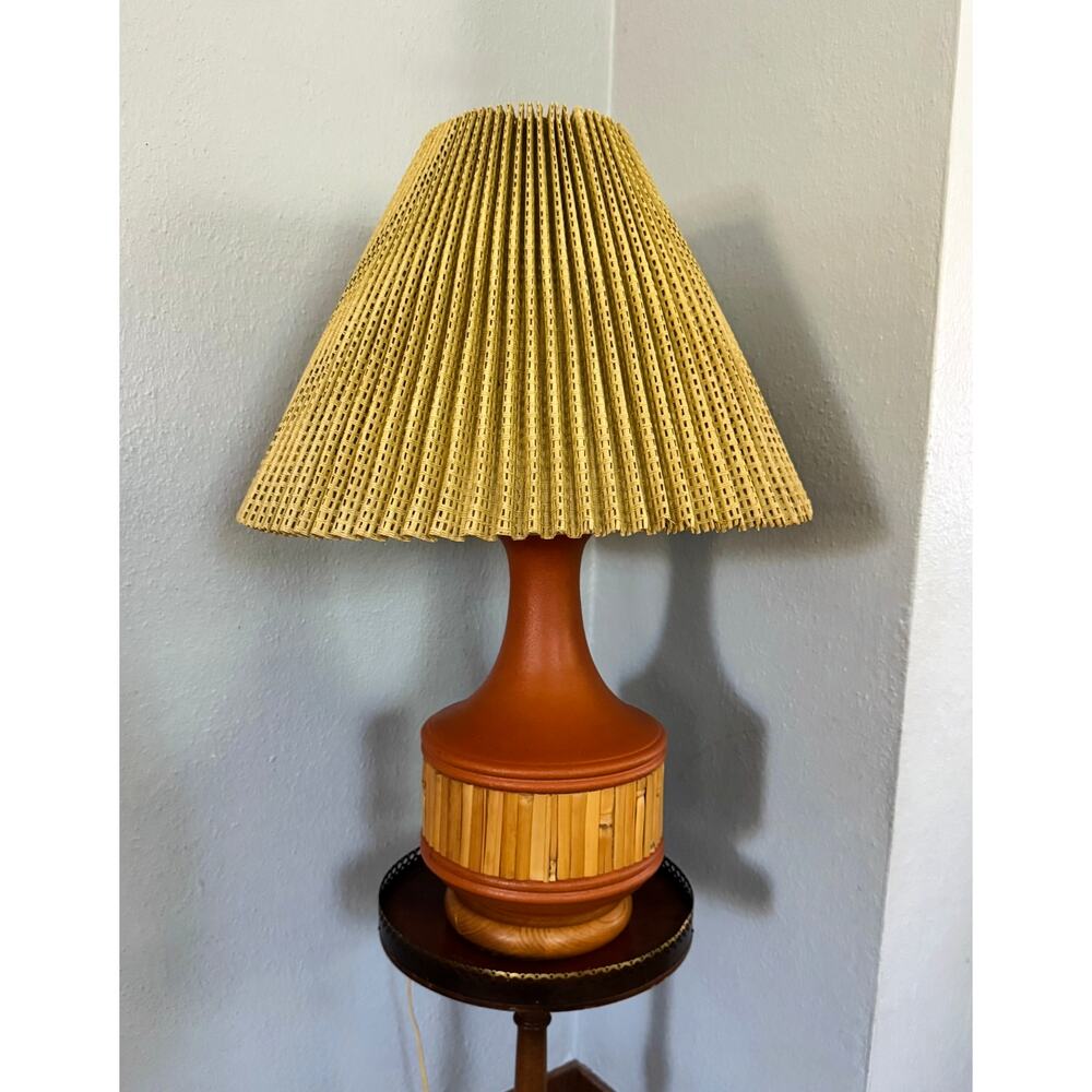Vintage 1970s Ceramic Bamboo Table Lamp with Woven Shade